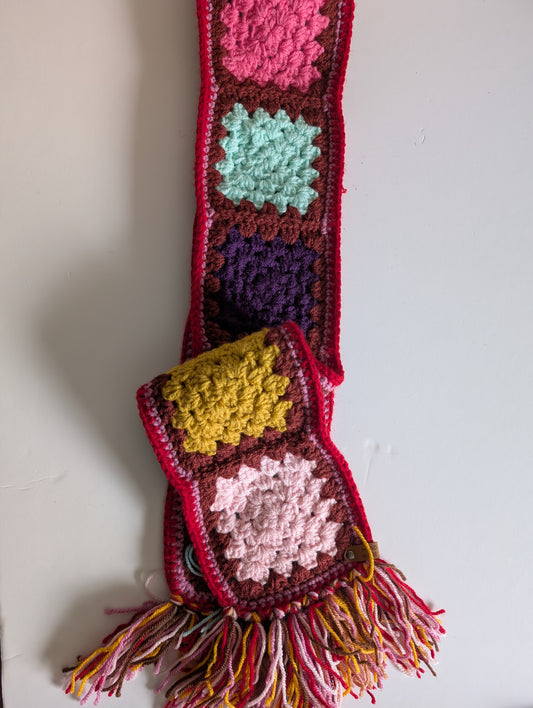 Handmade Red Granny Square Crochet Scarf with fringe #crochetlove
