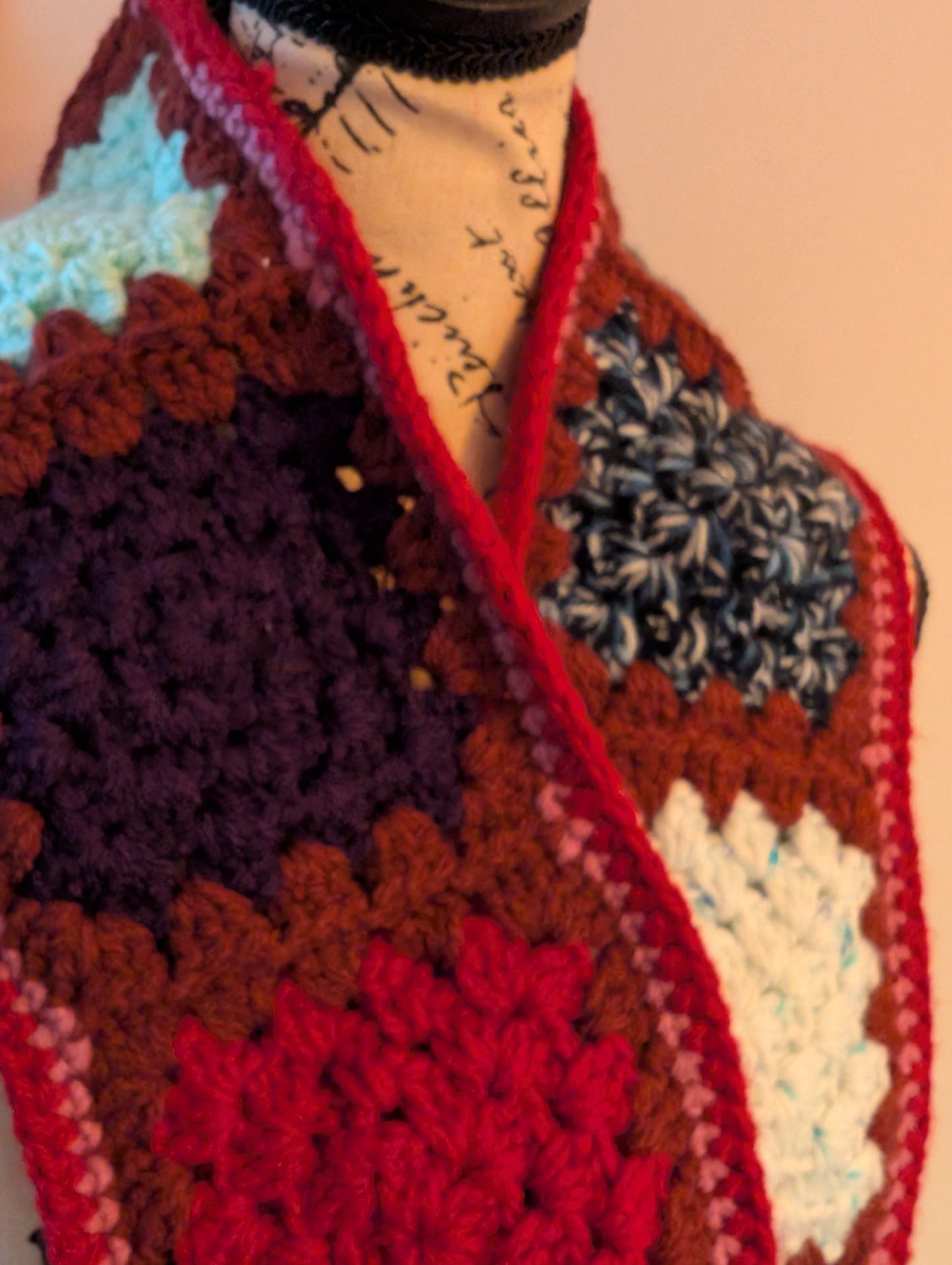 Handmade Red Granny Square Crochet Scarf with fringe #crochetlove