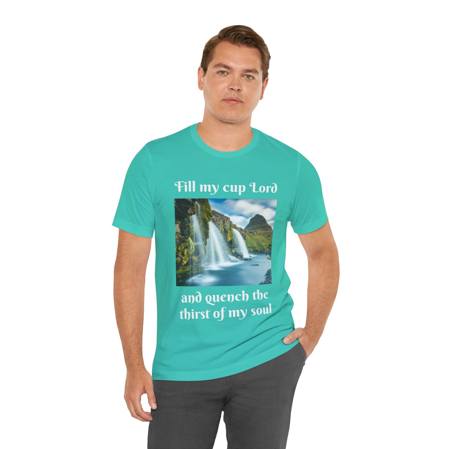 Inspirational Graphic Tee, Waterfall Design, Faith-Based Gift, Relaxed Fit Shirt, Perfect for Devotionals, Nature Lovers