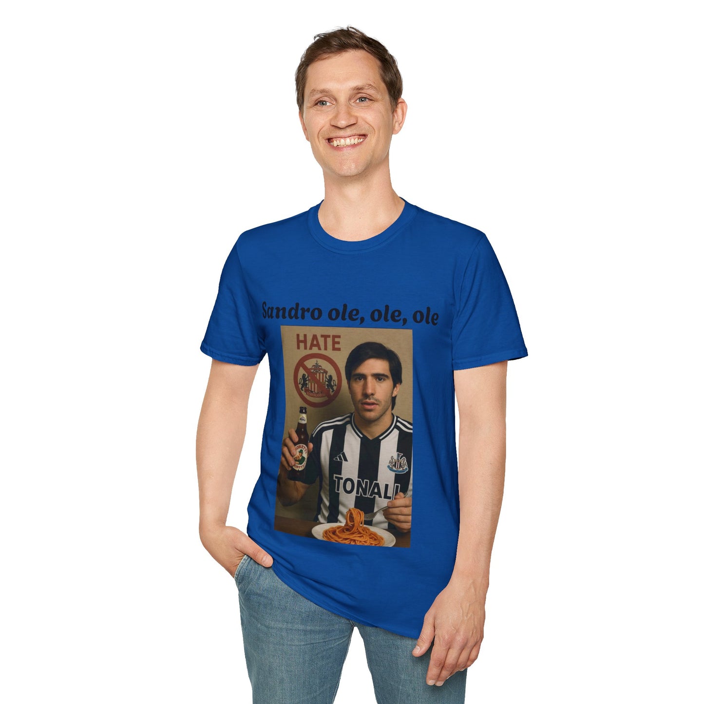 Funny Football Fan T-Shirt, Unisex Softstyle Tee for Sports Enthusiasts, Great Gift for Birthdays, Football Tournament, Sandro, Newcastle